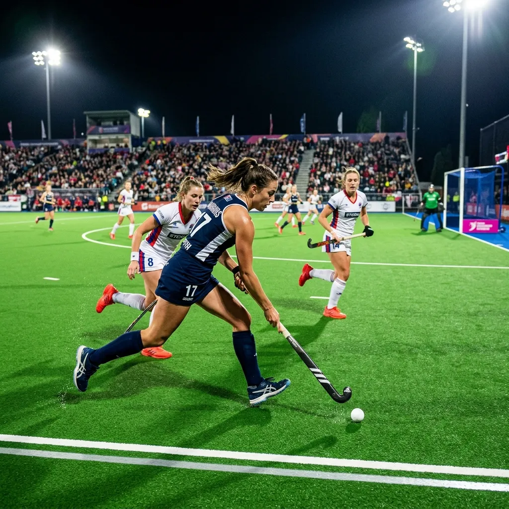 School field hockey players competing on a water turf