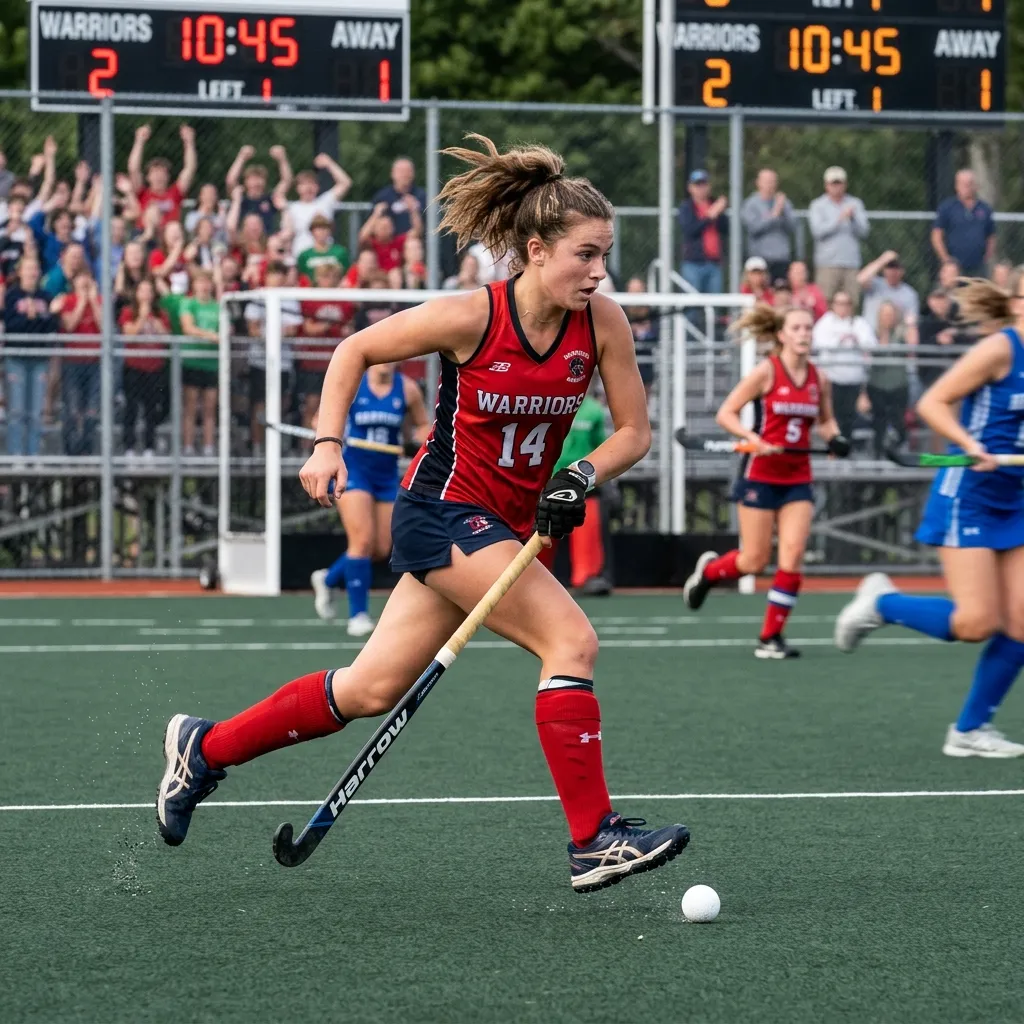 Secondary school hockey team warming up on the turf before a match