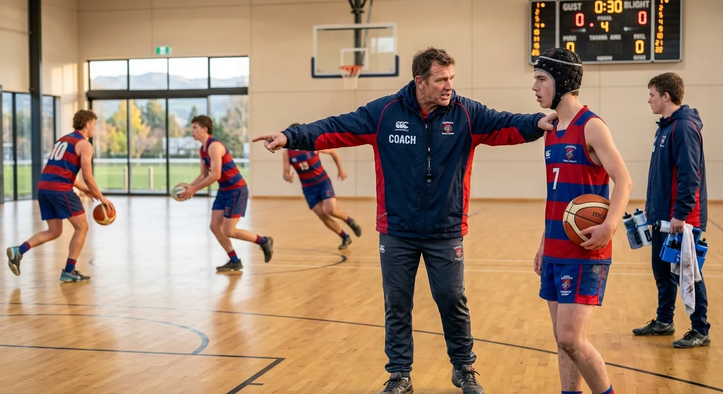 Netball coach watching a game on an outdoor court