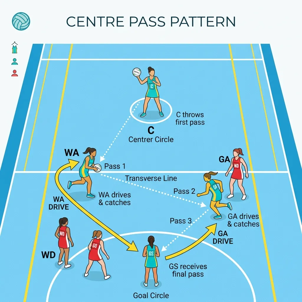 Netball court diagram showing positions and zones