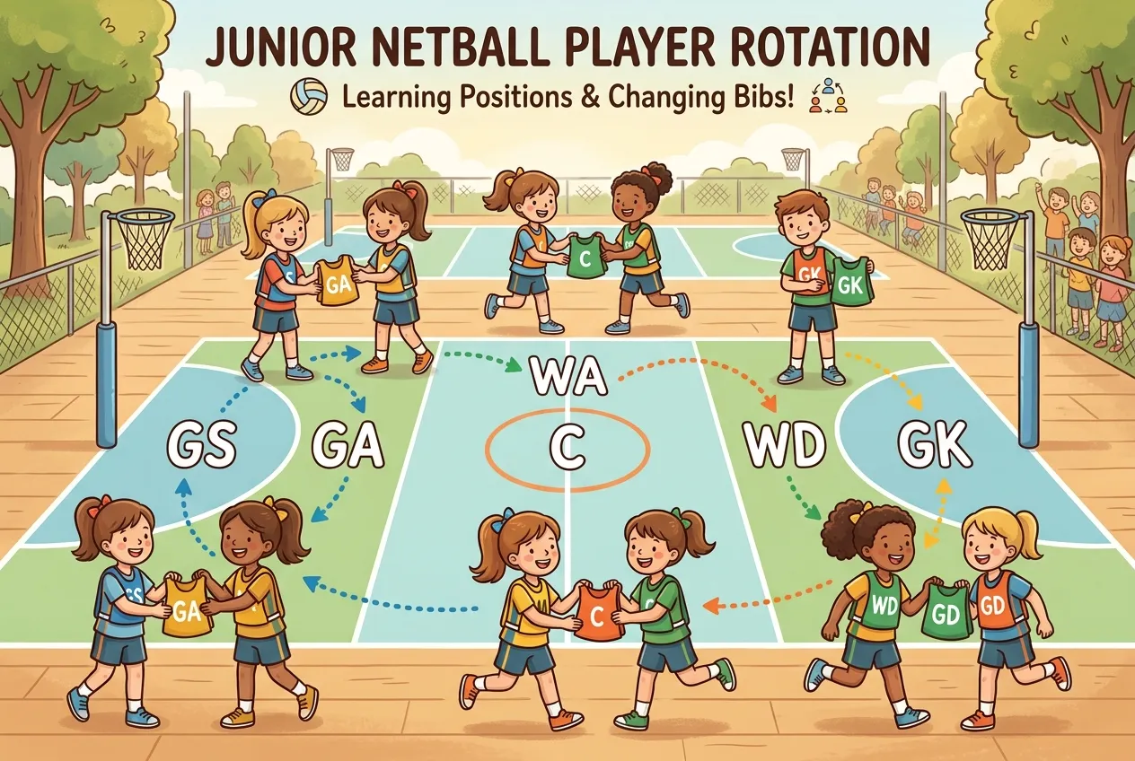 Example netball rotation grid for ten players across four quarters