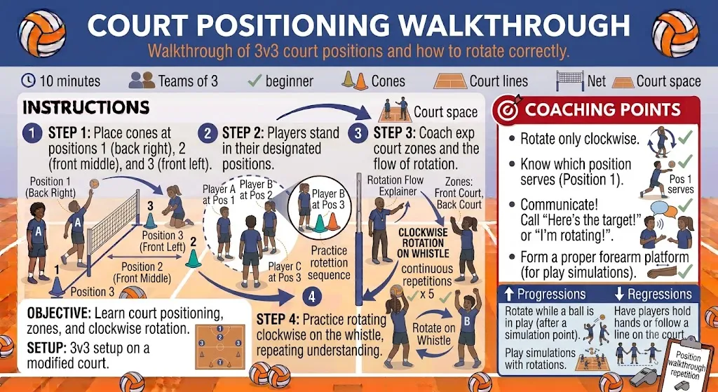 Volleyball court rotation diagram positions 1 to 6