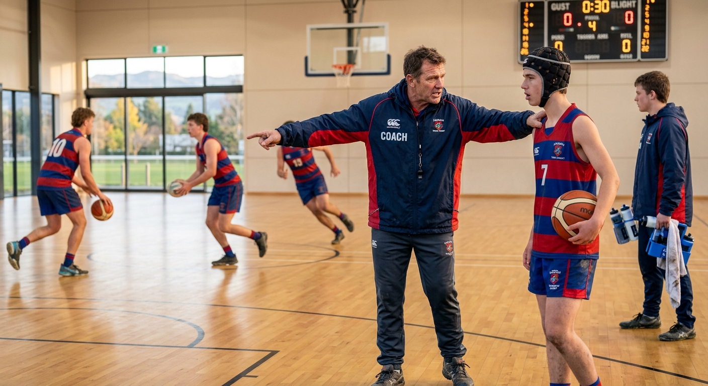 Basketball team coaching in action