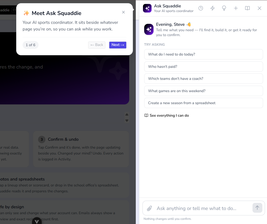 The one-minute Ask Squaddie walkthrough shown the first time it opens
