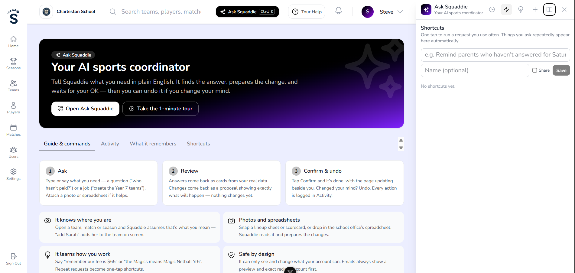 The Ask Squaddie guide with every command, activity log, memory and shortcuts